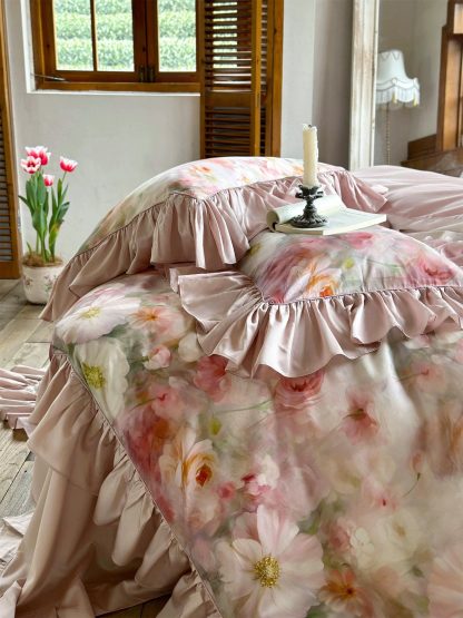 Romantic Oil Painting Floral Satin Ruffle Bedding Set - Image 4