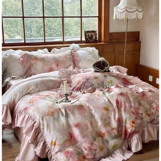 Romantic Oil Painting Floral Satin Ruffle Bedding Set