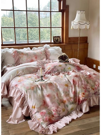 Romantic Oil Painting Floral Satin Ruffle Bedding Set