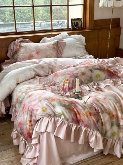 Romantic Oil Painting Floral Satin Ruffle Bedding Set - Image 2