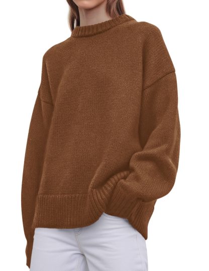 Brown half-high collar loose knit sweater - Image 2