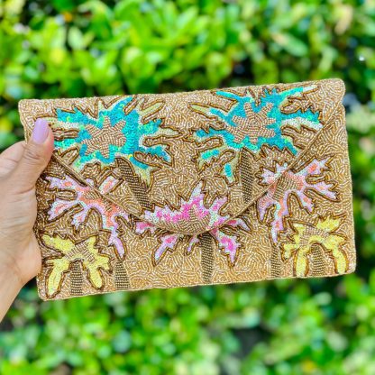 Tropical Palm Hand-Beaded Sequin Clutch - Image 8