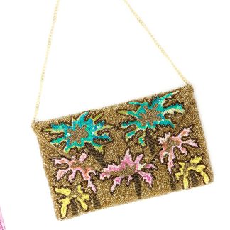 Tropical Palm Hand-Beaded Sequin Clutch