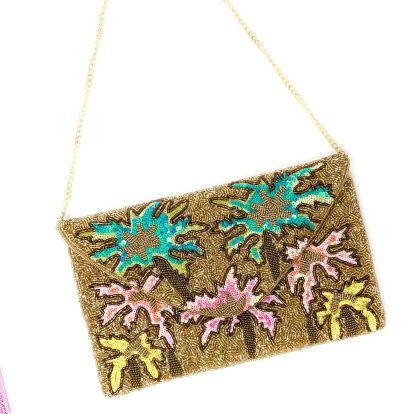 Tropical Palm Hand-Beaded Sequin Clutch