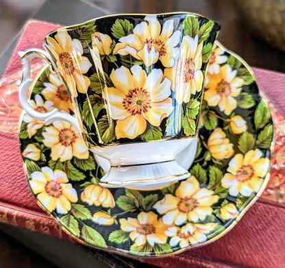 Yellow floral bone china cup and saucer set - Image 6