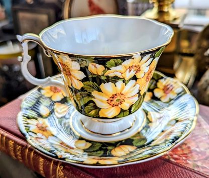 Yellow floral bone china cup and saucer set - Image 4