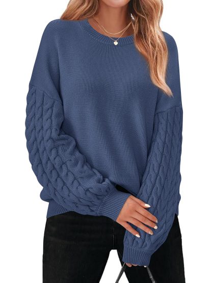 Blue Cable Sleeve Crewneck Sweater - Image 5