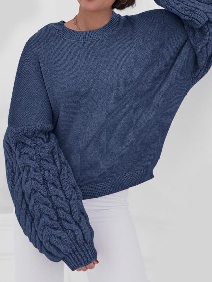Blue Cable Sleeve Crewneck Sweater - Image 4