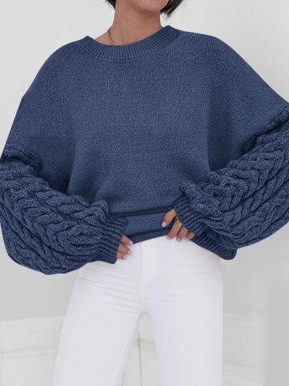 Blue Cable Sleeve Crewneck Sweater - Image 3