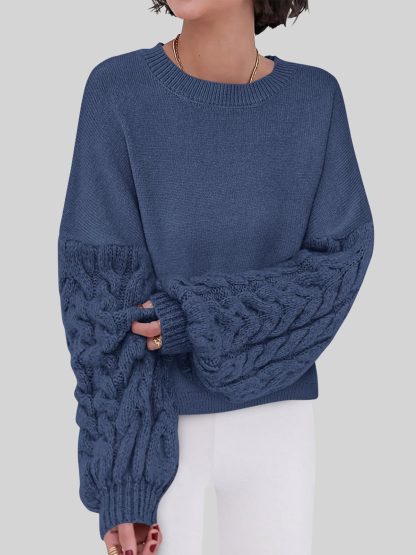 Blue Cable Sleeve Crewneck Sweater