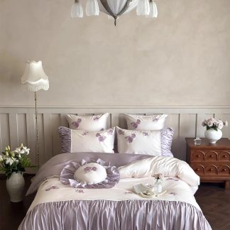 Purple Rose Embroidered Satin Bedding Set
