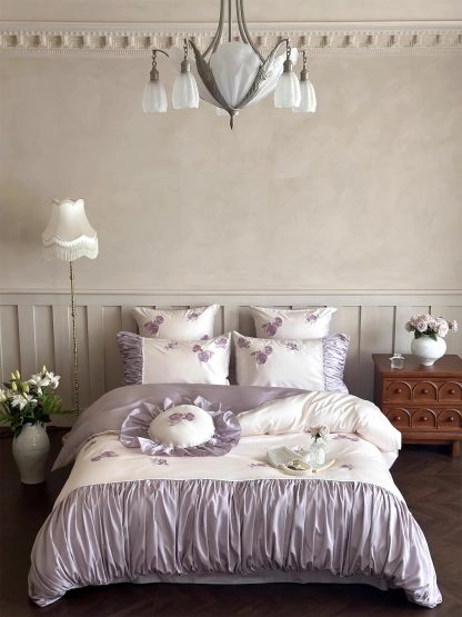 Purple Rose Embroidered Satin Bedding Set