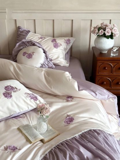 Purple Rose Embroidered Satin Bedding Set - Image 8