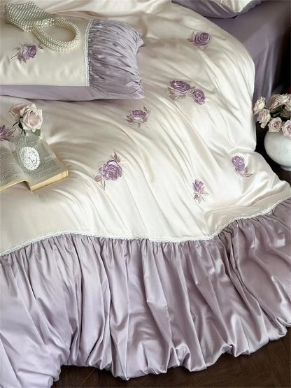 Purple Rose Embroidered Satin Bedding Set - Image 7