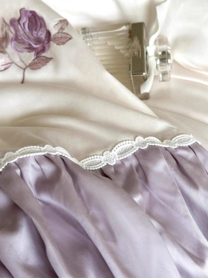 Purple Rose Embroidered Satin Bedding Set - Image 6