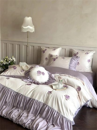 Purple Rose Embroidered Satin Bedding Set - Image 5