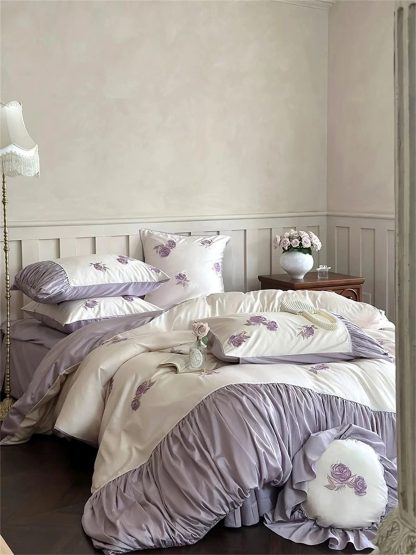Purple Rose Embroidered Satin Bedding Set - Image 4