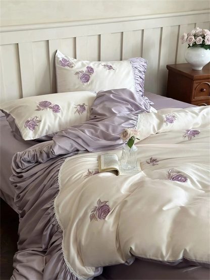 Purple Rose Embroidered Satin Bedding Set - Image 3