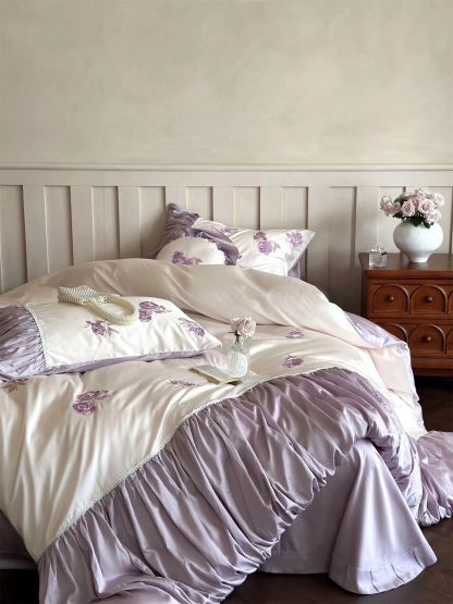 Purple Rose Embroidered Satin Bedding Set - Image 2