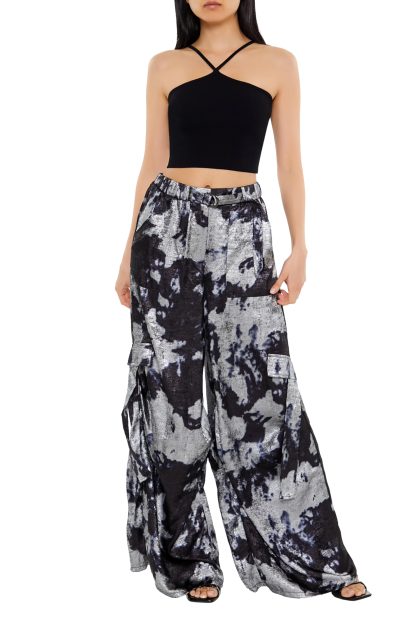 Black and white art print wide-leg cargo pants