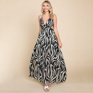 Sexy zebra print deep V backless high slit maxi dress