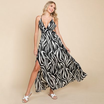 Sexy zebra print deep V backless high slit maxi dress - Image 7
