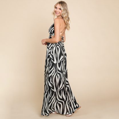 Sexy zebra print deep V backless high slit maxi dress - Image 5
