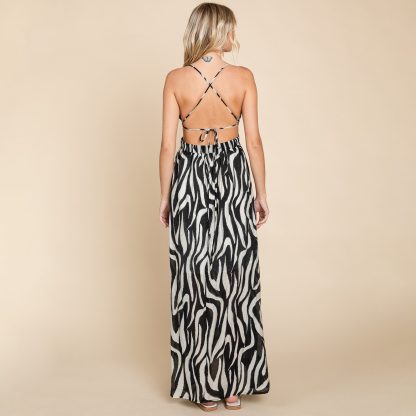 Sexy zebra print deep V backless high slit maxi dress - Image 4