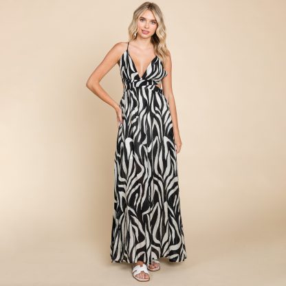 Sexy zebra print deep V backless high slit maxi dress - Image 3
