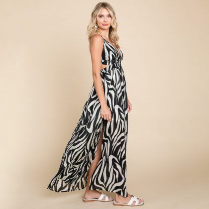 Sexy zebra print deep V backless high slit maxi dress - Image 2