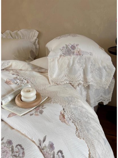 Lace floral cotton and linen four-piece bedding set - Image 5