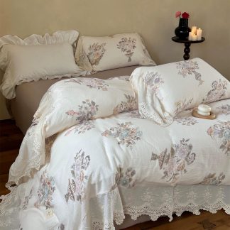 Lace floral cotton and linen four-piece bedding set