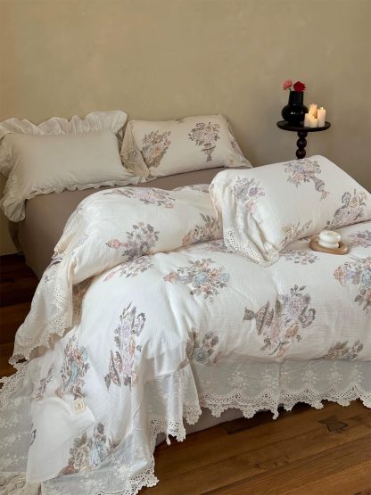 Lace floral cotton and linen four-piece bedding set