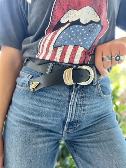 Vintage American silver buckle black gold belt - Image 7