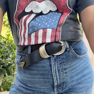 Vintage American silver buckle black gold belt