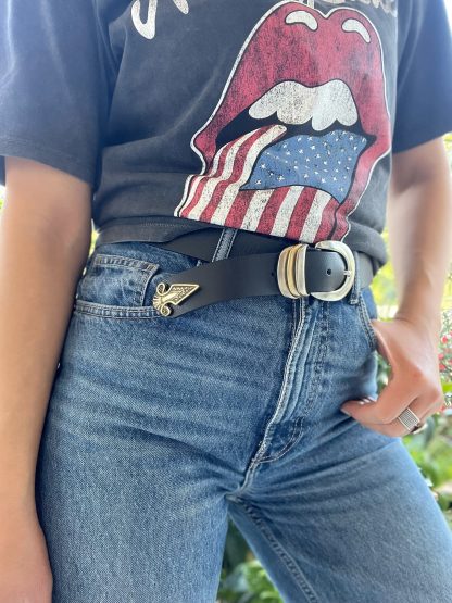 Vintage American silver buckle black gold belt - Image 3
