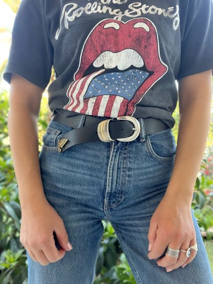 Vintage American silver buckle black gold belt - Image 2