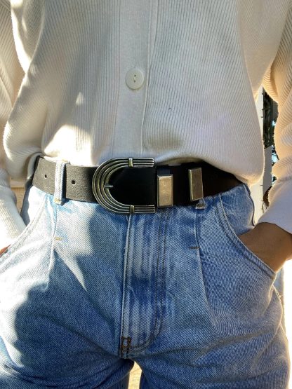 Vintage Big C Silver Buckle Black Belt - Image 6