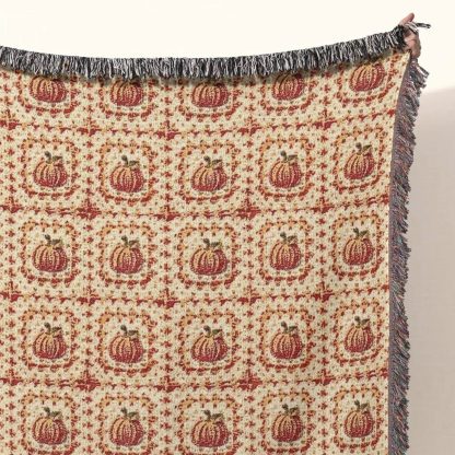Vintage Pumpkin Pattern Fringed Blanket - Image 4