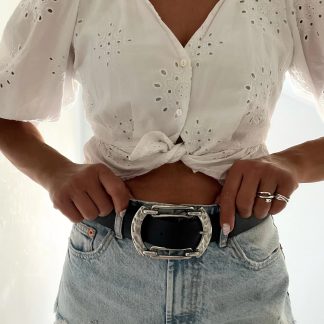 Vintage distressed black belt with large buckle