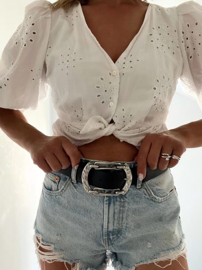 Vintage distressed black belt with large buckle
