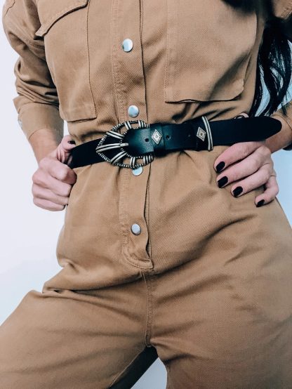 Vintage style black belt with metal carved buckle