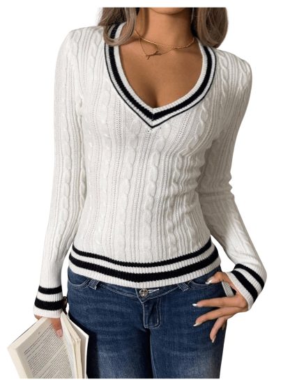 Retro preppy color-block V-neck cable-knit sweater - Image 5