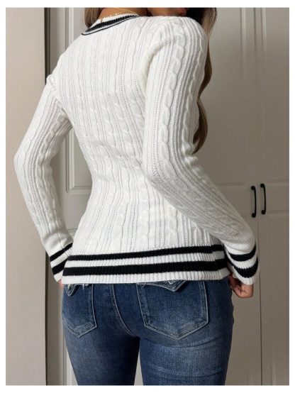 Retro preppy color-block V-neck cable-knit sweater - Image 4