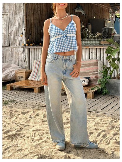 Blue and White Check Lace Paneled V-Neck Camisole - Image 6