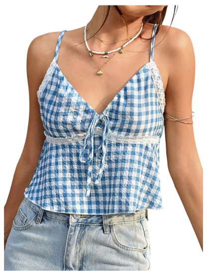 Blue and White Check Lace Paneled V-Neck Camisole - Image 5