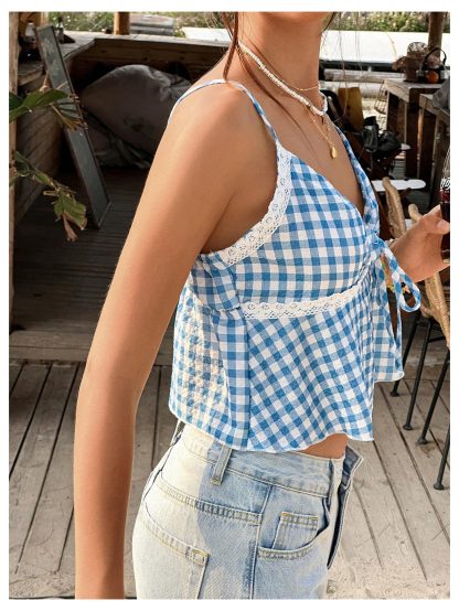 Blue and White Check Lace Paneled V-Neck Camisole - Image 4