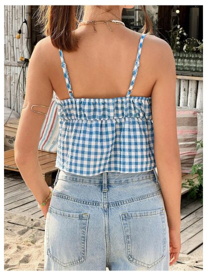 Blue and White Check Lace Paneled V-Neck Camisole - Image 3