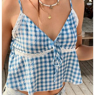 Blue and White Check Lace Paneled V-Neck Camisole