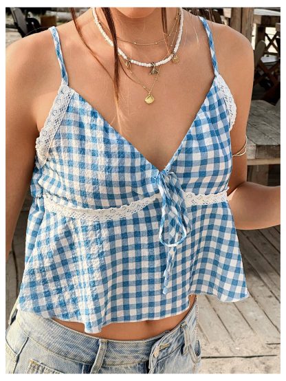 Blue and White Check Lace Paneled V-Neck Camisole